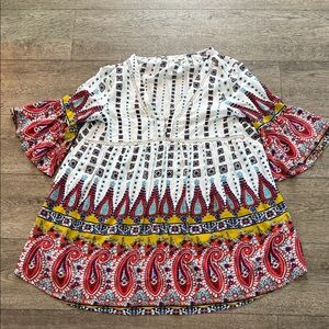 Umgee Boho Paisley Print Women’s  Dress - White, Red & Yellow-Bell Sleeves